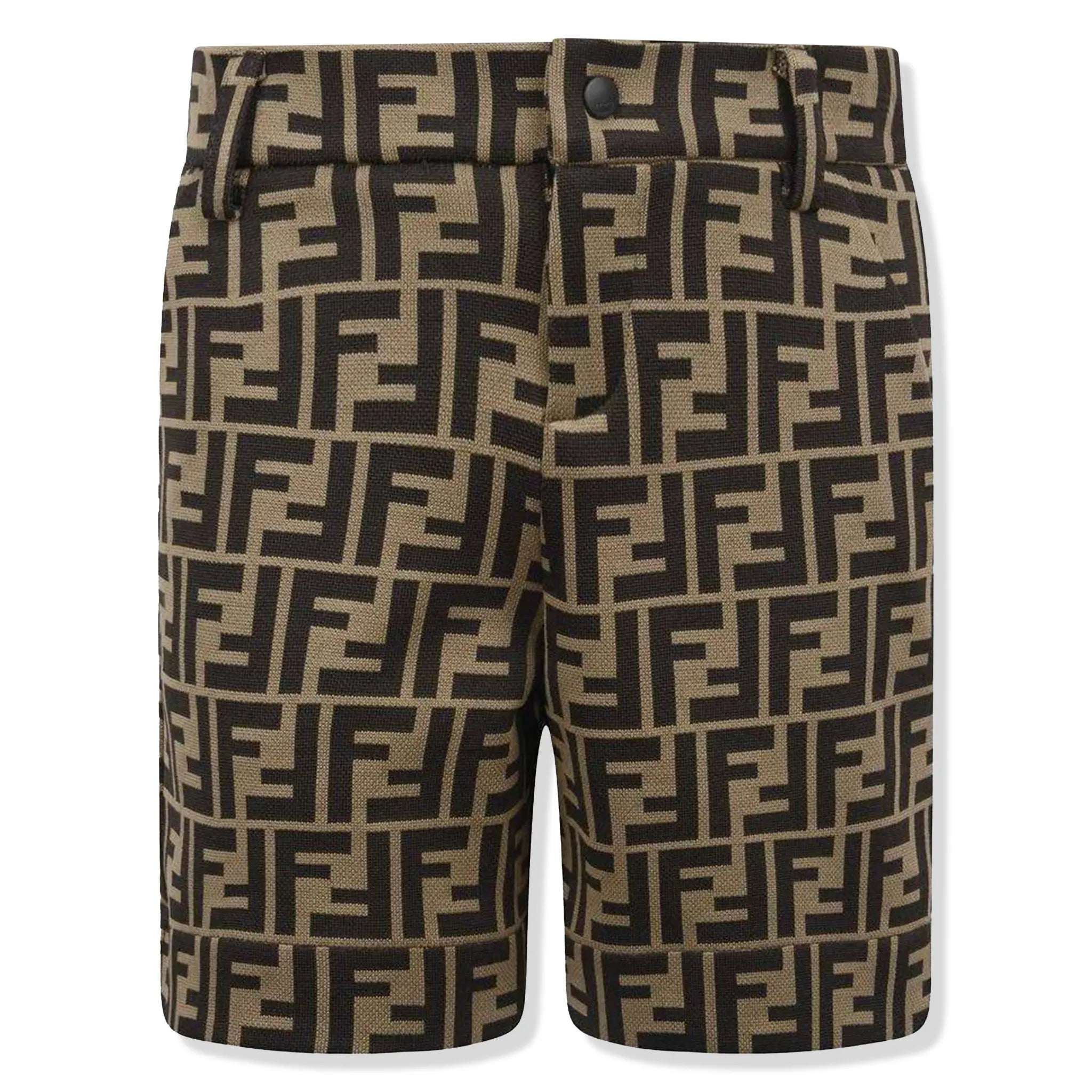 Front View of Fendi FF Logo Baby Boys Brown Shorts FENS1013109104
